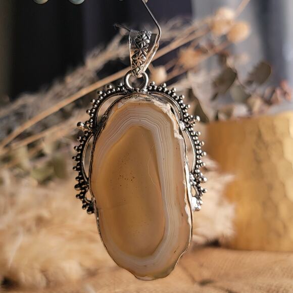 Radiant Golden Banded Agate Pendant, Sterling Silver Vintage-Inspired Necklace - Picture 3 of 10
